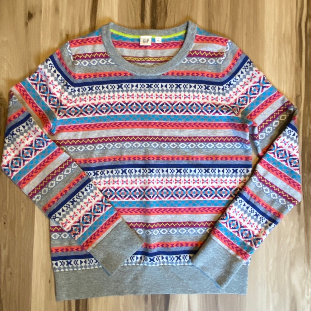 Gap Womens Fair Isle Merino Wool Blend Sweater Grey Multi Color Crewneck Med